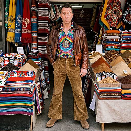 Photograph of a man in a vibrant tie-dye shirt and brown leather jacket, standing in a colorful, eclectic market stall.