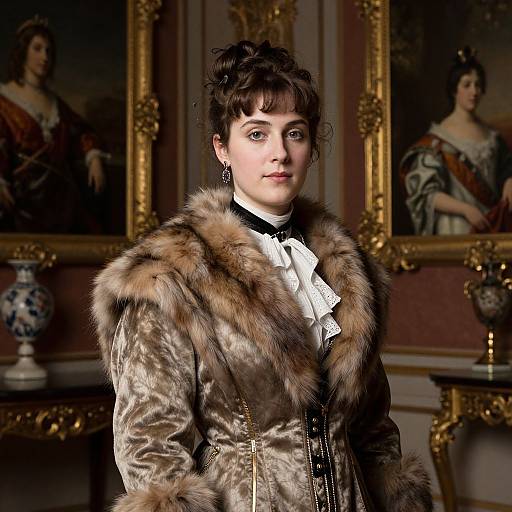 Photograph of a pale-skinned woman with dark hair in a vintage updo, wearing a brown fur coat, white bow tie, and earrings,
