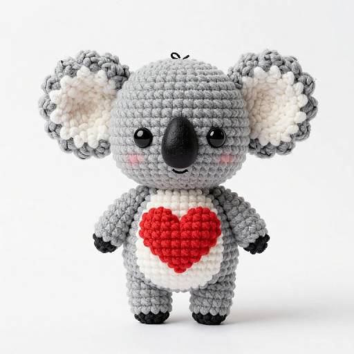 Photograph of a cute, chibi-style, gray crochet koala with black nose, round black eyes, pink blush, red heart on chest,