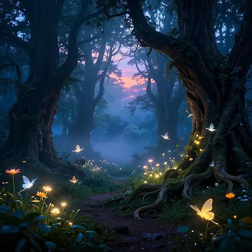 Dreamy forest scene at twilight, illuminated by glowing fireflies and butterflies, surrounded by tall, twisted trees and vibrant flowers.