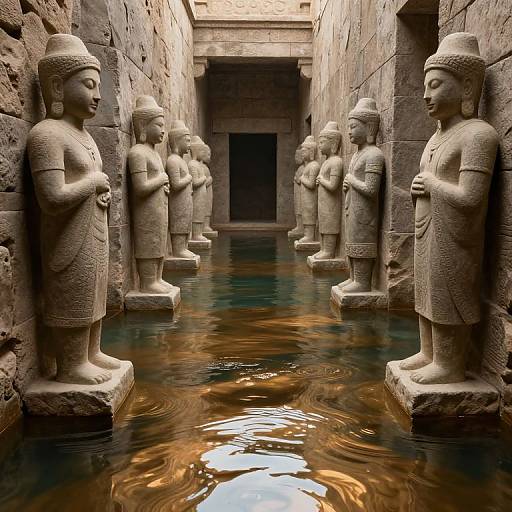 Photograph of a narrow stone corridor with eight serene Buddhist statues in traditional attire, standing in shallow, reflective water, leading to a dark doorway.