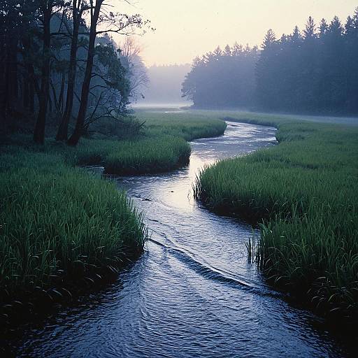 Foggy River Bend in Wetlands at Twilight