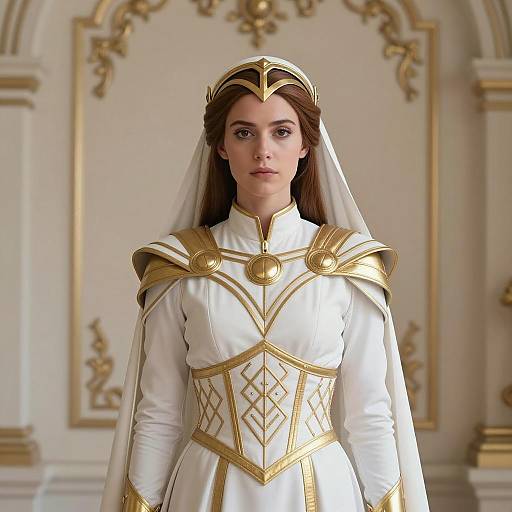 Young Woman in White and Gold Roman-Inspired Costume