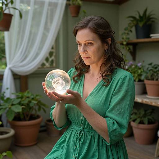Photograph of a woman with wavy brown hair, wearing a green dress, holding a glowing glass light bulb in a sunlit, potted plant