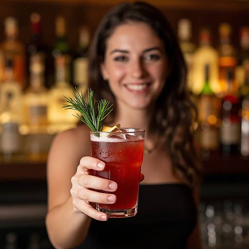 Smiling woman with curly brown hair, wearing a black strapless top, holding a red cocktail with a sprig of rosemary in a dimly