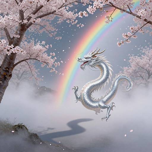 Digital fantasy art: A silver, dragon with flowing mane leaps amid cherry blossom trees, a vibrant rainbow arcing above, misty forest below.