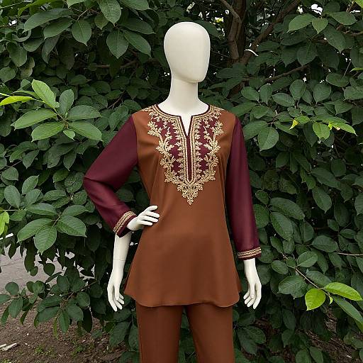 White mannequin wearing maroon top with gold embroidery, standing in front of lush green foliage; long sleeves, V-neck, hand on hip.