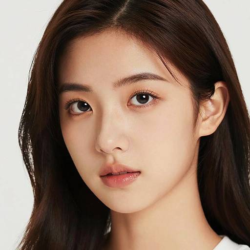 Photograph of an East Asian woman with fair skin, long dark brown hair, brown eyes, and light pink lips, against a plain white background.