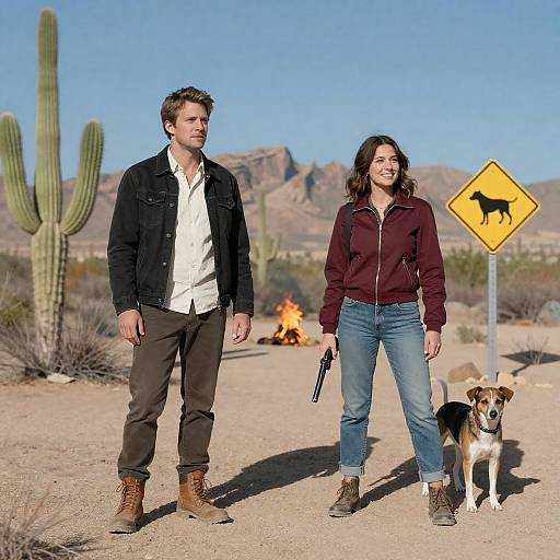 Desert Adventure: Man, Woman, and Dog