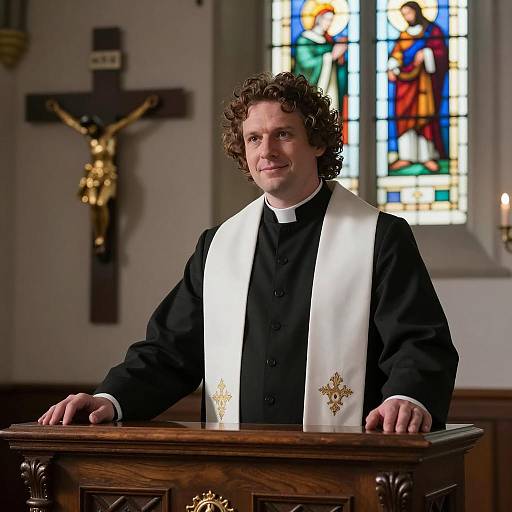 Illuminated Priest in Dimly Lit Church