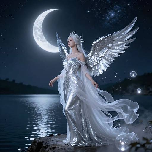 Photorealistic digital art of a silver-winged angel in a flowing metallic gown, standing by a moonlit lake, with a crescent moon and