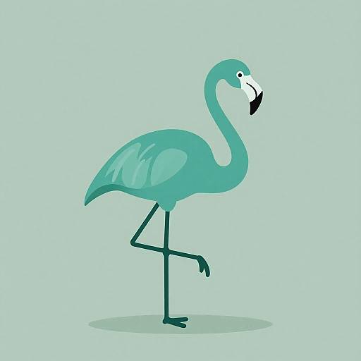 Digital illustration of a teal-colored flamingo with a black beak and slender legs, standing on one leg against a light blue background. Minimalist,