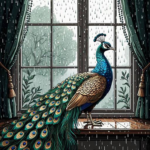 Majestic Peacock by Window on Rainy Day
