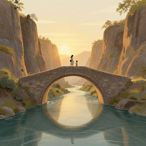 Digital art of a stone arch bridge over a calm river at sunset, with two silhouetted figures walking across. Flanked by rocky cliffs with