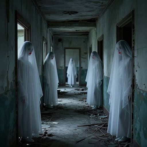 Ethereal Veiled Figures in Cyberpunk Ruins