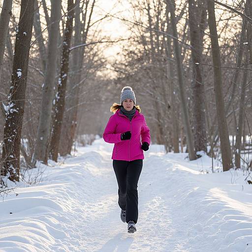 Photograph of a woman in a pink jacket, black pants, and gray beanie running through a snowy forest pathway with tall, leafless trees.