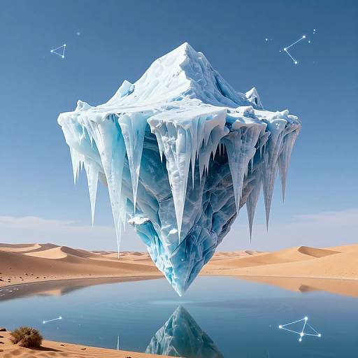 Photorealistic CGI of a massive, icy iceberg with sharp icicles, floating above a desert with dunes and a reflective pool. Clear blue sky