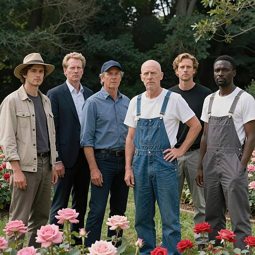 Casual Group of Men in Vibrant Garden