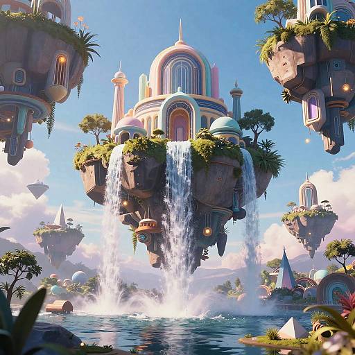 Digital fantasy artwork: floating, colorful, dome-topped islands with cascading waterfalls, lush greenery, and vibrant architecture against a bright blue sky