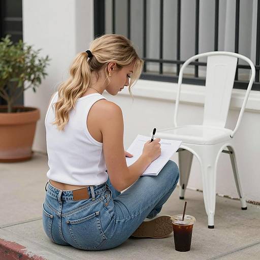 Blonde Woman Writing on Sidewalk