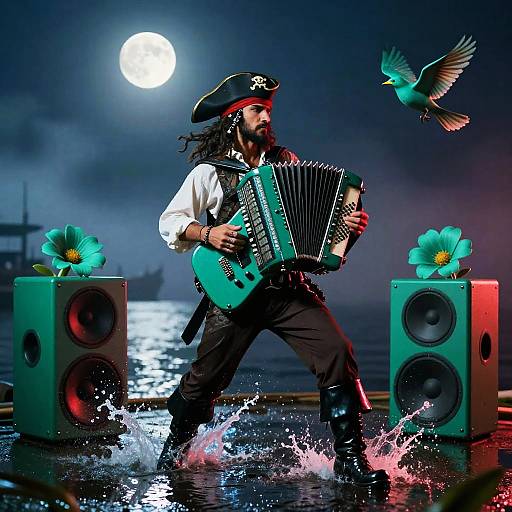 Photograph of a pirate playing teal accordion on a moonlit ocean, surrounded by speakers with blue flowers, splashing water, and a flying green bird