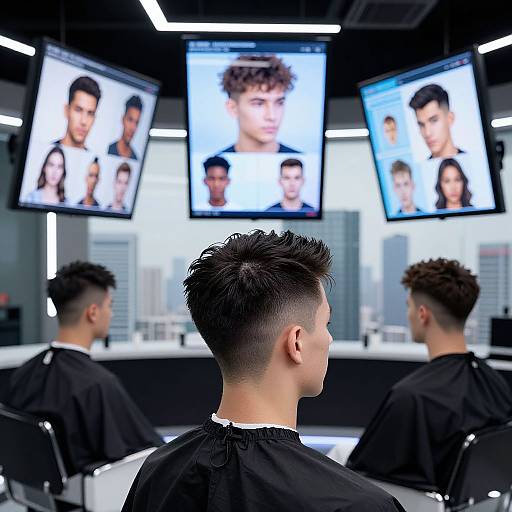 Photograph of four men with short, styled hair in black barber chairs, facing large, wall-mounted screens displaying diverse male portraits.