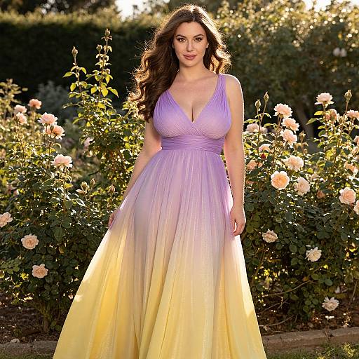 Photograph of a brunette woman with long wavy hair, wearing a flowing, purple-to-yellow gradient, deep V-neck gown, standing in a sun