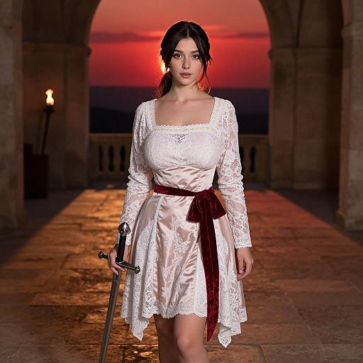 Photograph of a dark-haired woman in a white lace dress with a maroon sash, holding a sword, standing in a stone archway at