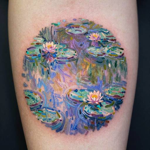 Vibrant tattoo of lily pads and flowers in blues, greens, and purples on human skin, resembling an Impressionist painting.