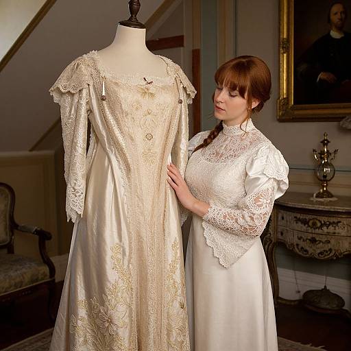 Photograph of a brunette woman in a white lace dress, admiring an elegant, cream-colored lace gown on a mannequin in a vintage,