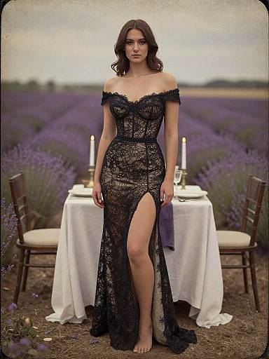 Photograph of a brunette woman in an off-shoulder, black lace gown with a thigh-high slit, standing in a lavender field, in front