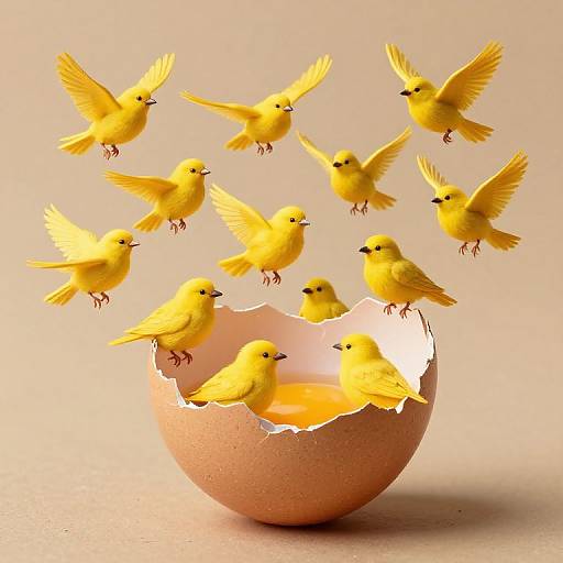Photograph of bright yellow chick birds emerging from a cracked, brown egg against a beige background, with some birds flying above.