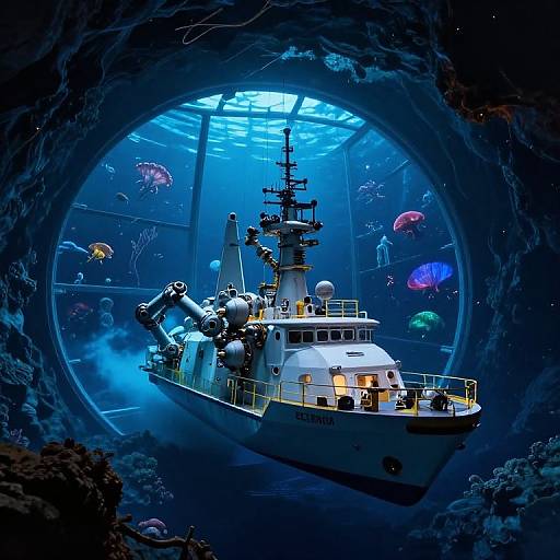 Photorealistic CGI of a modern naval ship illuminated by blue underwater light, surrounded by colorful jellyfish and coral, viewed through a dark, circular underwater