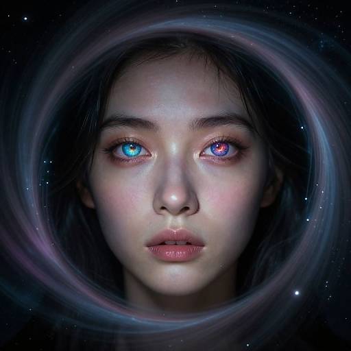 Digital art of an Asian woman with heterochromia, one blue eye and one red eye, set against a cosmic, starry background.