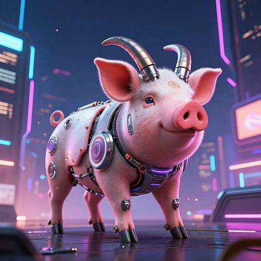 Futuristic Pig-Goat Cyborg Neon City
