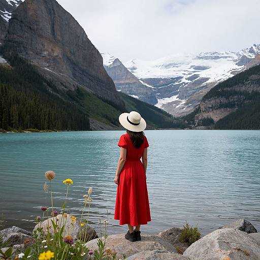 Woman in red dress and white hat stands by a mountain lake, facing the water with snow-capped peaks in the background.