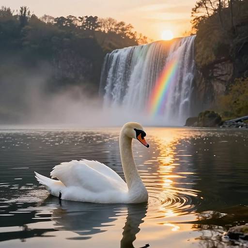 Photograph of a white swan gliding on a calm lake at sunset, with a waterfall in the background, a rainbow arching over the falls