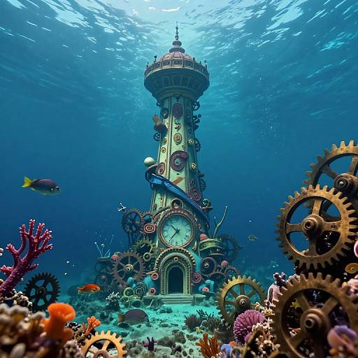Underwater photograph of a whimsical, steampunk-style lighthouse surrounded by colorful coral, gears, and fish, bathed in blue ocean light