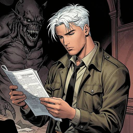 Digital comic-style illustration of a white-haired, serious man in a green jacket, reading a paper while a menacing, dark-skinned monster lurks behind