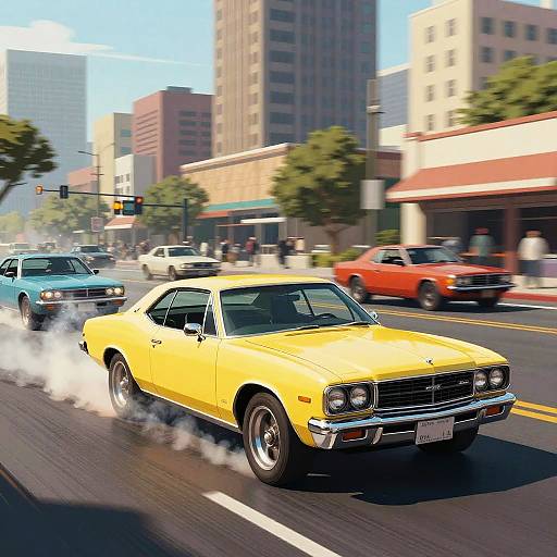 Photograph of a yellow classic muscle car with smoke trail, driving on urban street, surrounded by blue, red, and white cars, tall buildings in