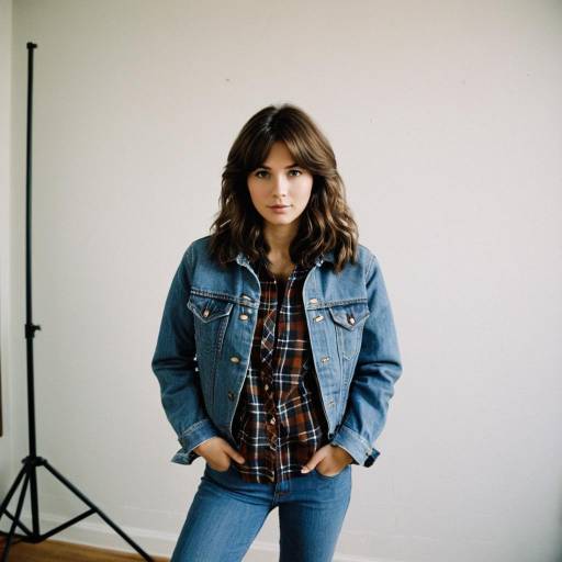Young Woman in Denim Jacket and Plaid Shirt