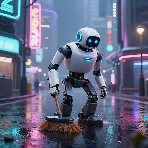 Cybernetic robot with glowing blue eyes and white body, sweeping rain-soaked neon-lit street with a broom, in futuristic CGI style