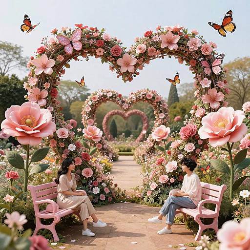 Photograph of a romantic garden scene with two people sitting on pink benches under heart-shaped floral arches, surrounded by pink roses, butterflies, and lush