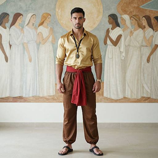Photograph of a muscular man with short black hair and beard, wearing a gold shirt, brown pants, red sash, and sandals, standing in