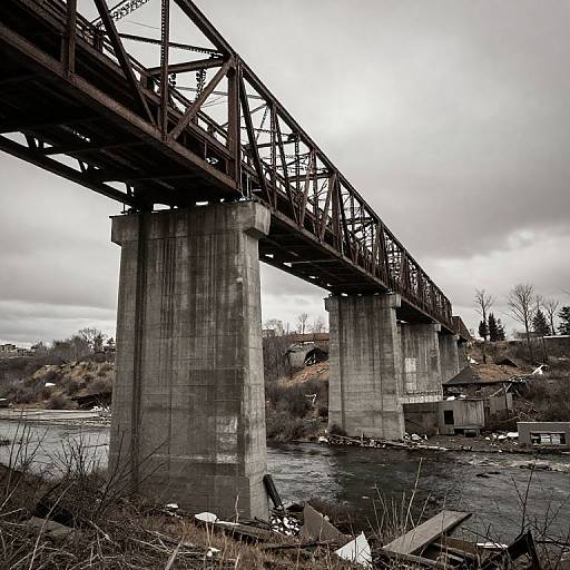 Photograph of an industrial steel bridge with large concrete pillars, over a murky river, under a cloudy sky, surrounded by barren trees and scattered debris.