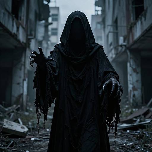 Photograph of a shadowy, hooded figure in tattered, dripping robes, extending claw-like hands in a dark, abandoned, war-torn