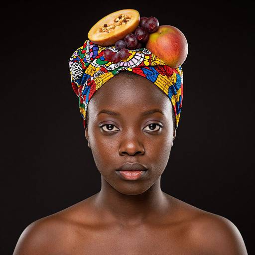 Photograph of a dark-skinned woman with a colorful, patterned headwrap adorned with a halved mango, grapes, and an apple, against