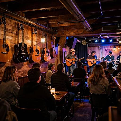 Photograph of a live acoustic band performing in a dimly lit, rustic bar with guitars on the wooden wall, patrons seated at tables, and blue