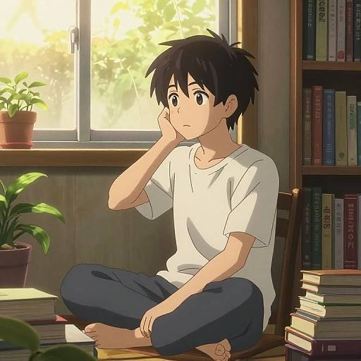 Anime-style drawing of a young boy with spiky black hair, wearing a white t-shirt and blue pants, sitting cross-legged on a chair in a