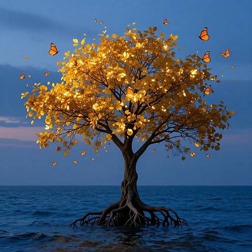 Photograph of a magical tree with glowing yellow leaves, rooted in the ocean, surrounded by floating orange butterflies against a twilight blue sky.